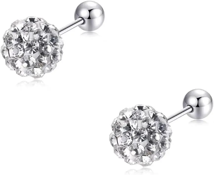 Crystal Round Ball Cartilage Stud Earrings Hypoallergenic 925 Sterling Silver Cubic Zirconia Disco Ball Screw Back Bead Tragus Sleeper Studs Earring Sparkling Shambala Style Jewelry Gifts for Women Daughter 20G