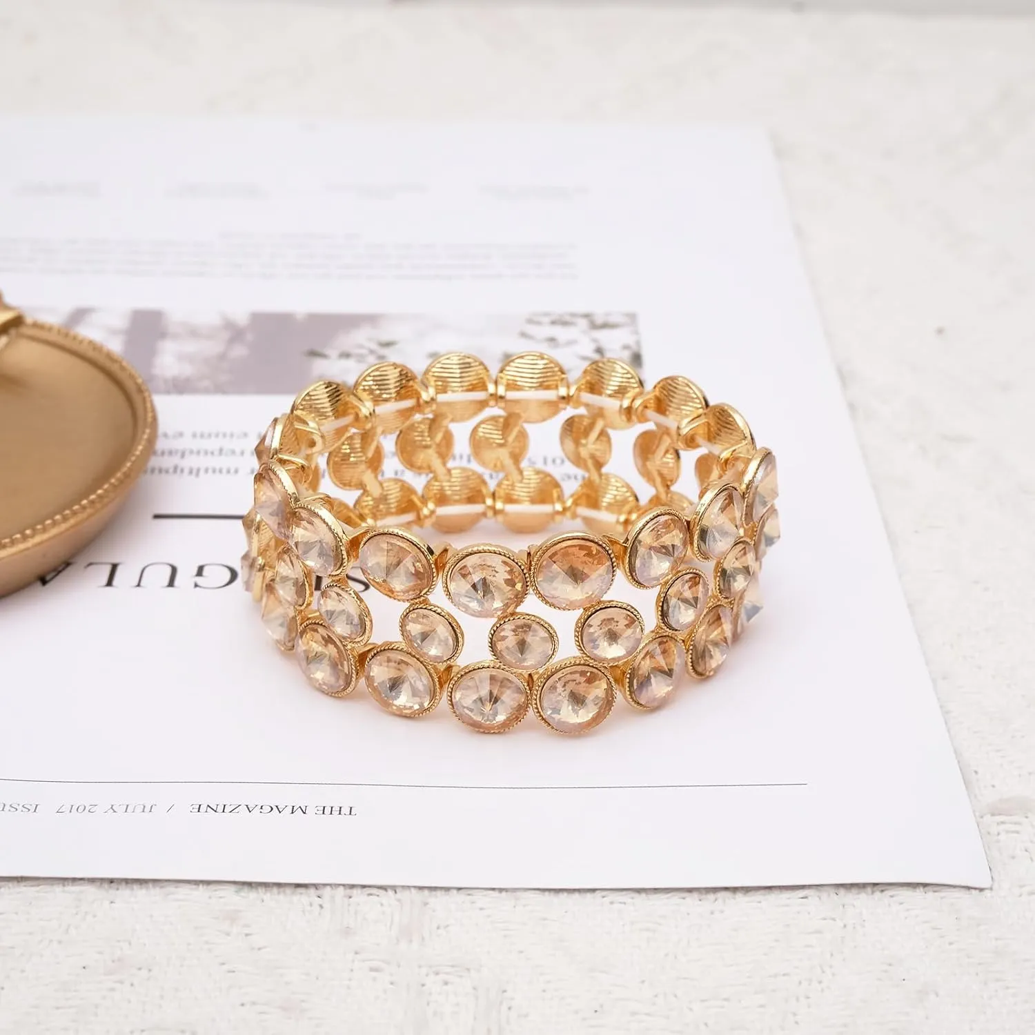 CSY Elegant Wide Stretch Bangle Bracelet for Bride Women Round Crystal Statement Art Deco Costume Jewelry for Wedding Party Prom