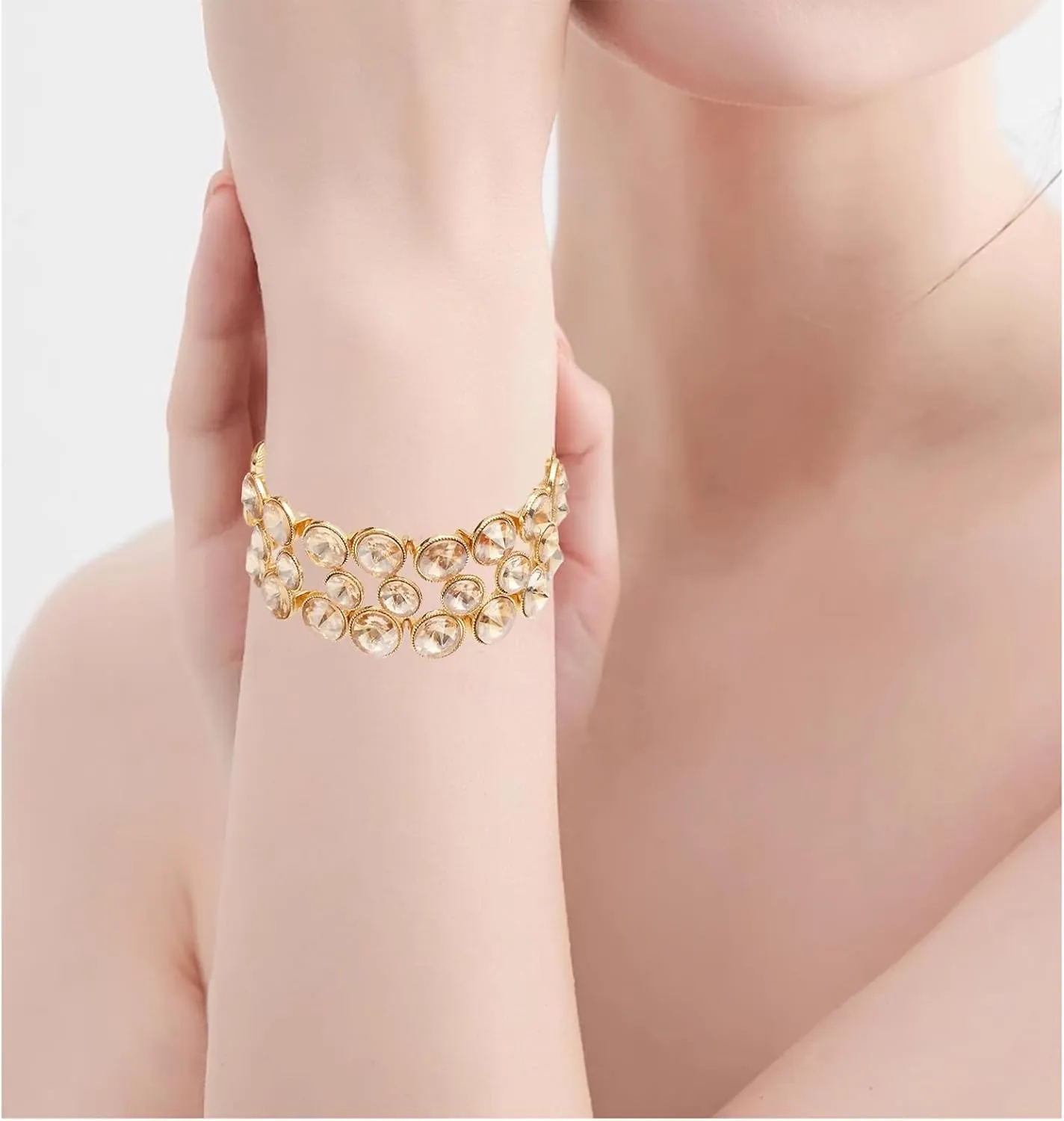 CSY Elegant Wide Stretch Bangle Bracelet for Bride Women Round Crystal Statement Art Deco Costume Jewelry for Wedding Party Prom