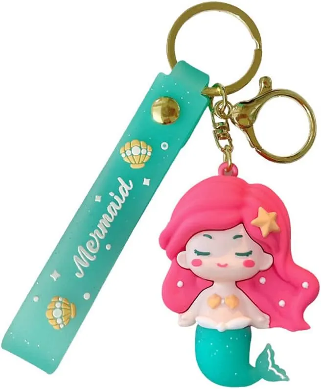 Cute Mermaid Anime Keychain Pendant for Girl,Kawaii Mermaid Keyring Key Purse Handbag Car Charms with Lanyard