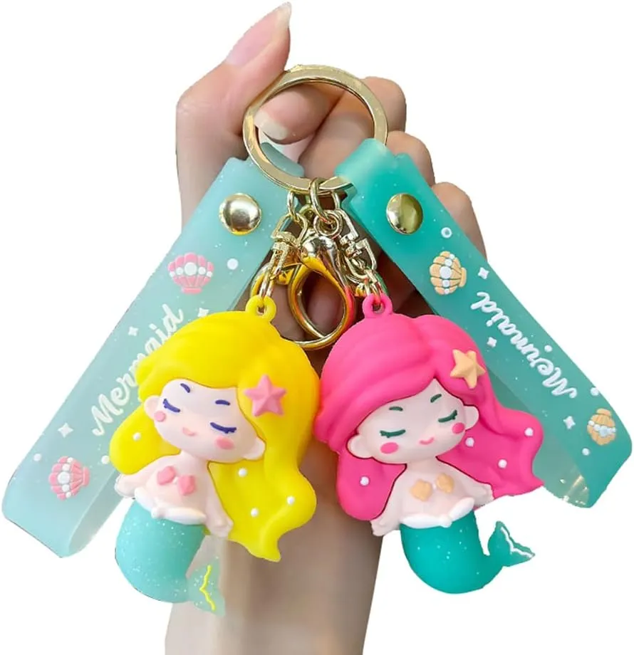 Cute Mermaid Anime Keychain Pendant for Girl,Kawaii Mermaid Keyring Key Purse Handbag Car Charms with Lanyard