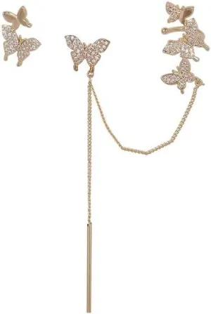 Dainty Butterfly Ear Cuffs Earrings for Women Gold Butterfly Pearl Cubic Zirconia Tassel Chain Earrings Trendy Beach Earrings