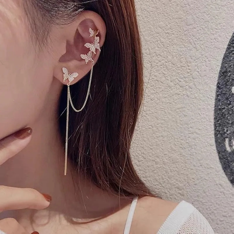 Dainty Butterfly Ear Cuffs Earrings for Women Gold Butterfly Pearl Cubic Zirconia Tassel Chain Earrings Trendy Beach Earrings