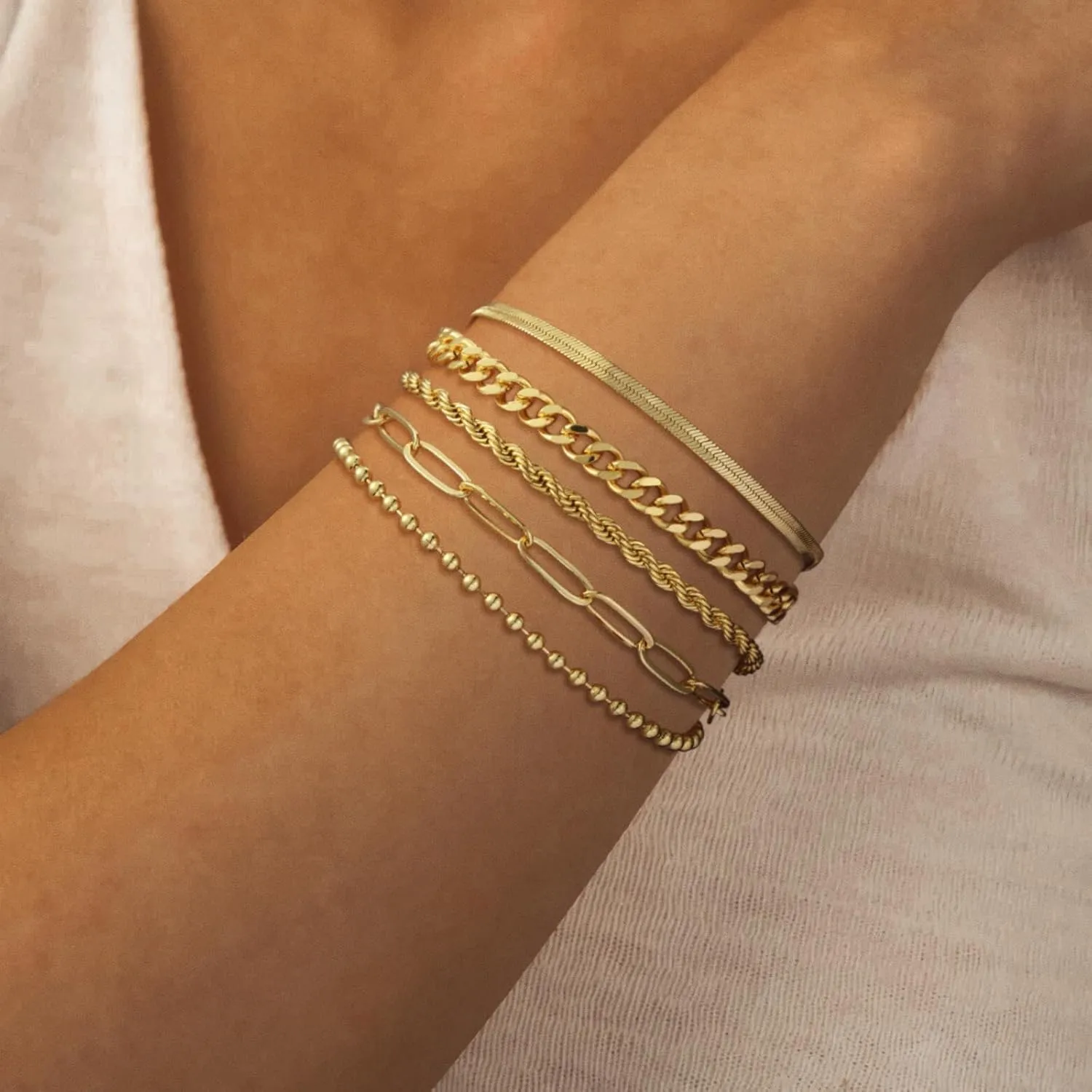 Dainty Gold Bracelet for Women Layered 14K Gold Plated Rope Beaded Paperclip Cuban Link Chain Adjustable Stackable Bracelets Silver/Gold Jewelry Sets Waterproof Non Tarnish Stack Jewelry