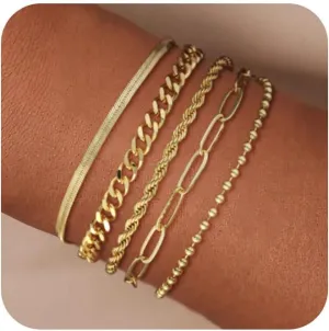 Dainty Gold Bracelet for Women Layered 14K Gold Plated Rope Beaded Paperclip Cuban Link Chain Adjustable Stackable Bracelets Silver/Gold Jewelry Sets Waterproof Non Tarnish Stack Jewelry