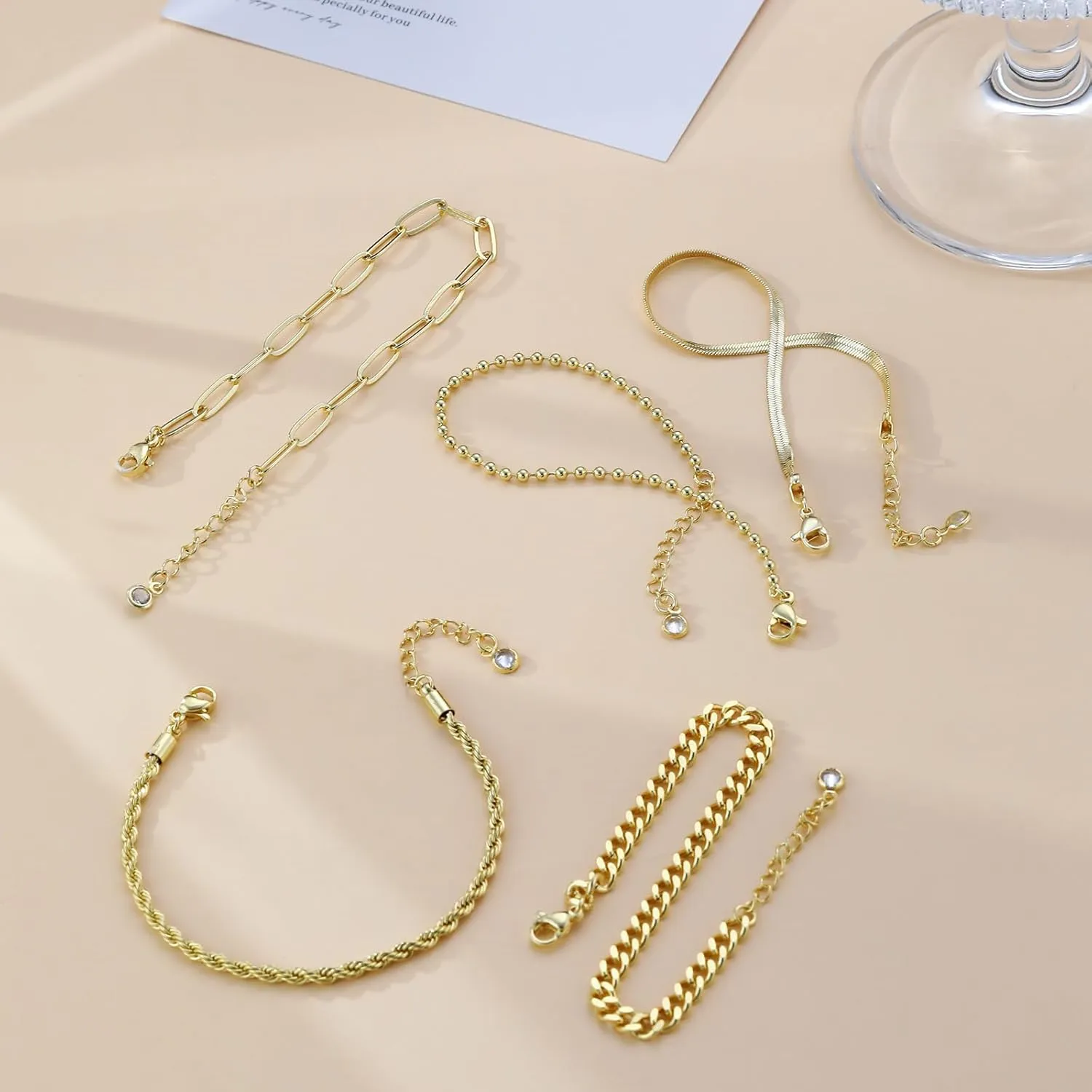 Dainty Gold Bracelet for Women Layered 14K Gold Plated Rope Beaded Paperclip Cuban Link Chain Adjustable Stackable Bracelets Silver/Gold Jewelry Sets Waterproof Non Tarnish Stack Jewelry
