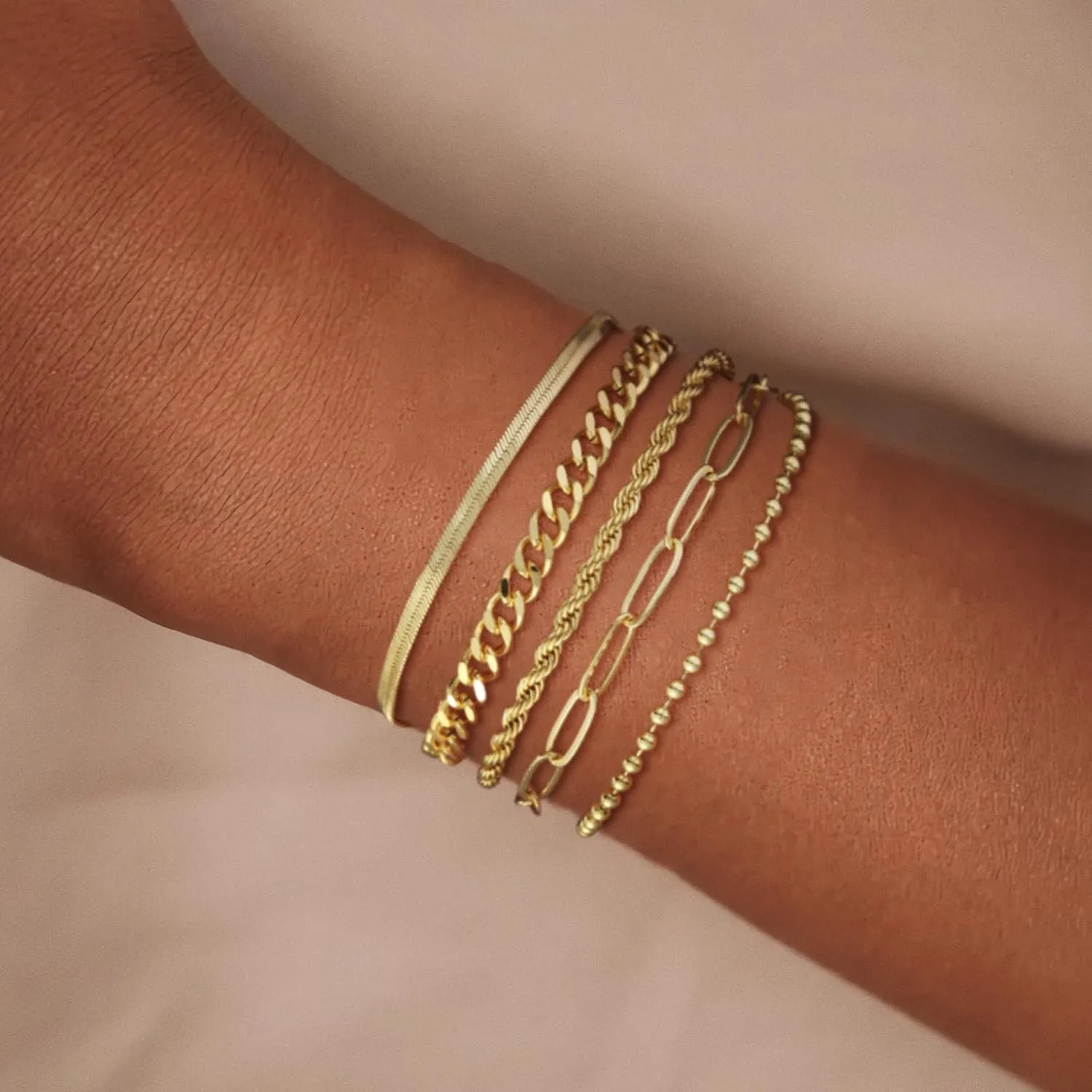 Dainty Gold Bracelet for Women Layered 14K Gold Plated Rope Beaded Paperclip Cuban Link Chain Adjustable Stackable Bracelets Silver/Gold Jewelry Sets Waterproof Non Tarnish Stack Jewelry