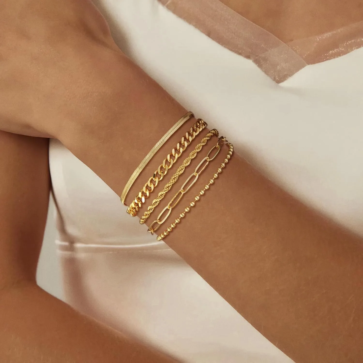 Dainty Gold Bracelet for Women Layered 14K Gold Plated Rope Beaded Paperclip Cuban Link Chain Adjustable Stackable Bracelets Silver/Gold Jewelry Sets Waterproof Non Tarnish Stack Jewelry