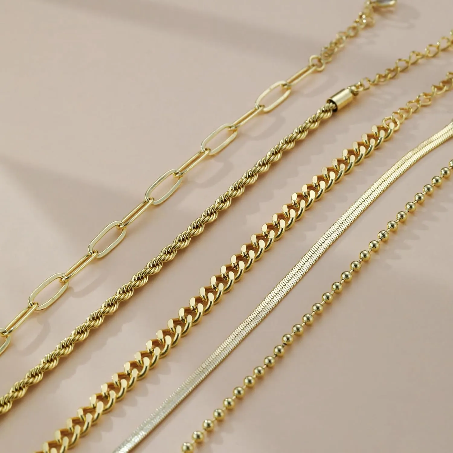 Dainty Gold Bracelet for Women Layered 14K Gold Plated Rope Beaded Paperclip Cuban Link Chain Adjustable Stackable Bracelets Silver/Gold Jewelry Sets Waterproof Non Tarnish Stack Jewelry