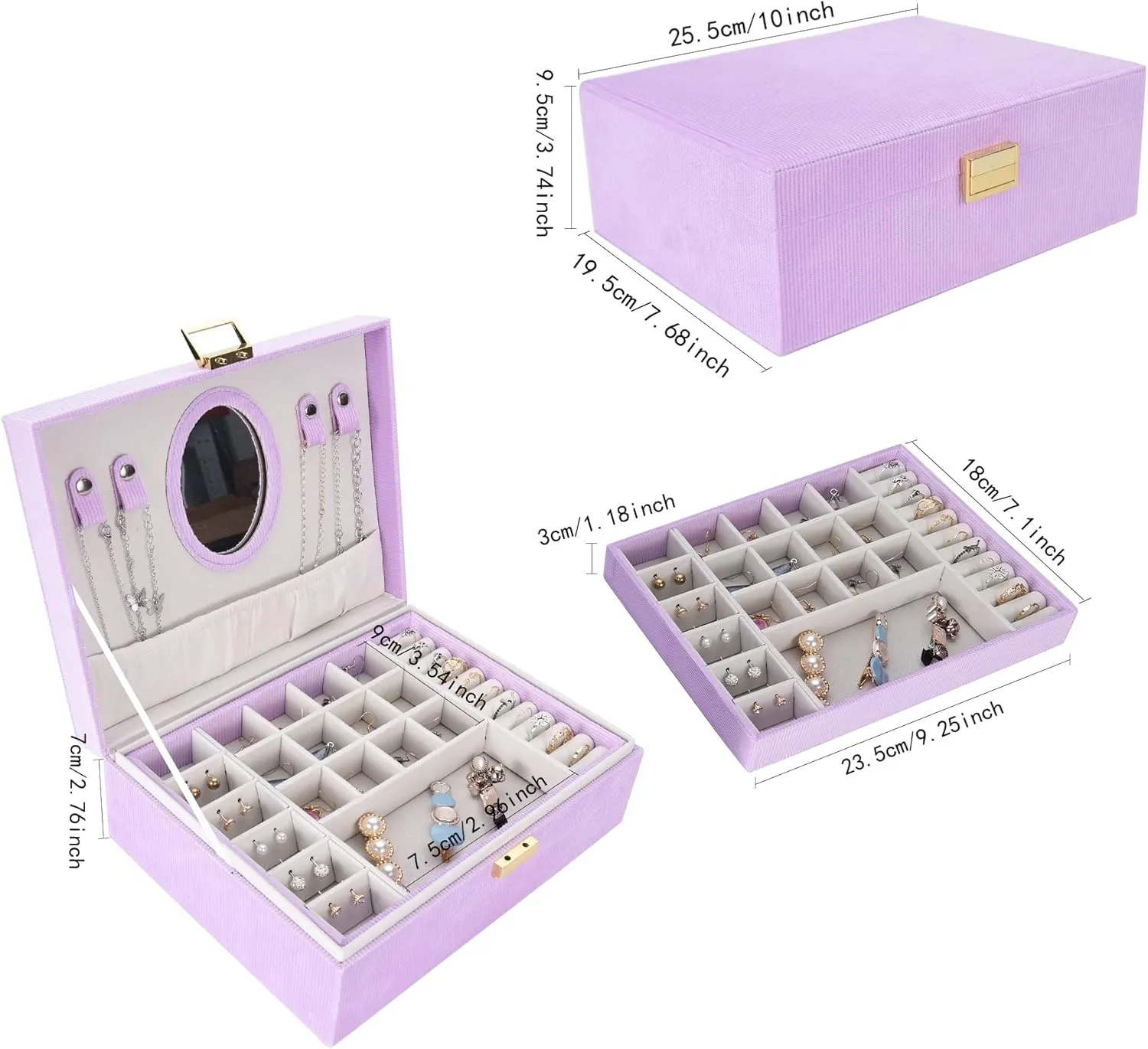 Dajasan Girl's Jewelry Box, Jewelry Box Organizer with Mirror, Velvet Jewelry Box for Little Girls Kids, Jewelry Gift Box for Christmas, Birthday, New Year (Purple)
