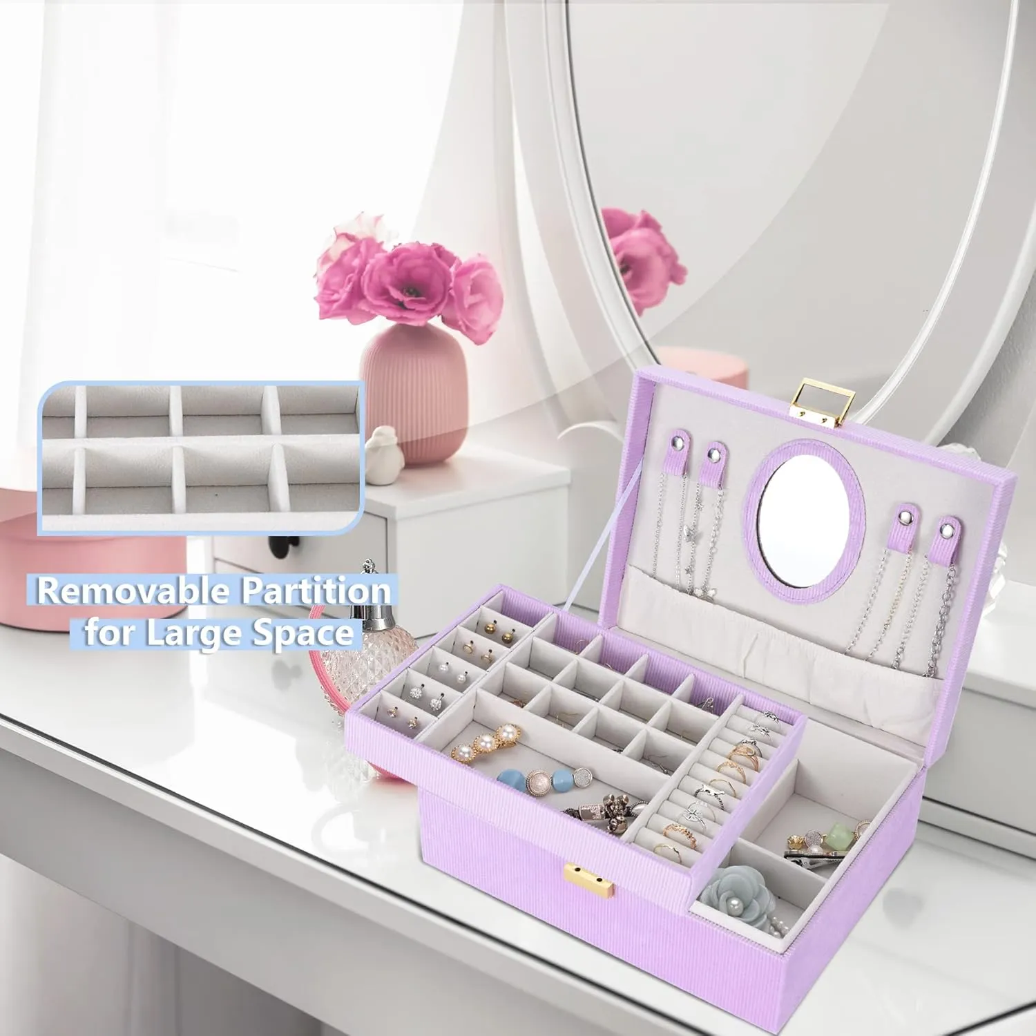 Dajasan Girl's Jewelry Box, Jewelry Box Organizer with Mirror, Velvet Jewelry Box for Little Girls Kids, Jewelry Gift Box for Christmas, Birthday, New Year (Purple)