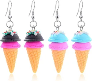 DAMLENG 2 Pairs Unique Cute 3D Soft Clay Ice Cream Dangle Drop Earrings Set for Women Girls Statement Handmade Kawaii Food Cone Candy Earrings Jewelry