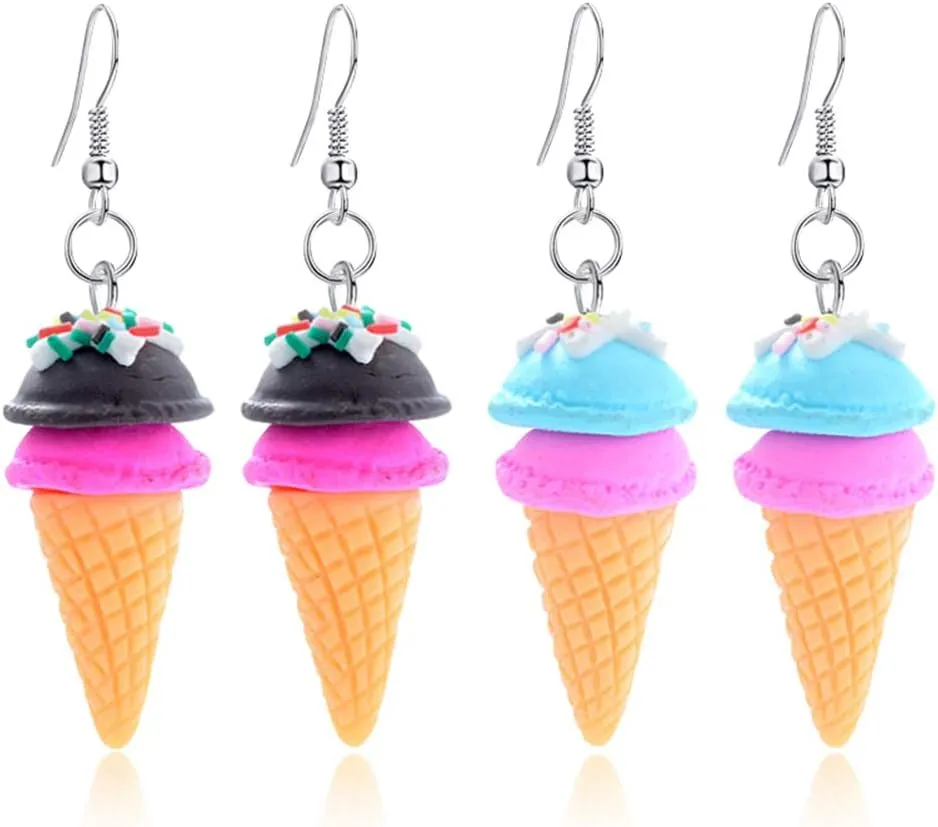 DAMLENG 2 Pairs Unique Cute 3D Soft Clay Ice Cream Dangle Drop Earrings Set for Women Girls Statement Handmade Kawaii Food Cone Candy Earrings Jewelry