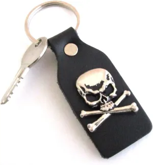 Dangerous Threads Black Topgrain Leather Key Fob with Skull & Crossbones Ornament