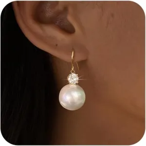 Dangle Gold Pearl Earrings for Women Trendy,14K Real Gold Plated Hoop Earrings Pearl Stud Jewelry Gifts Women
