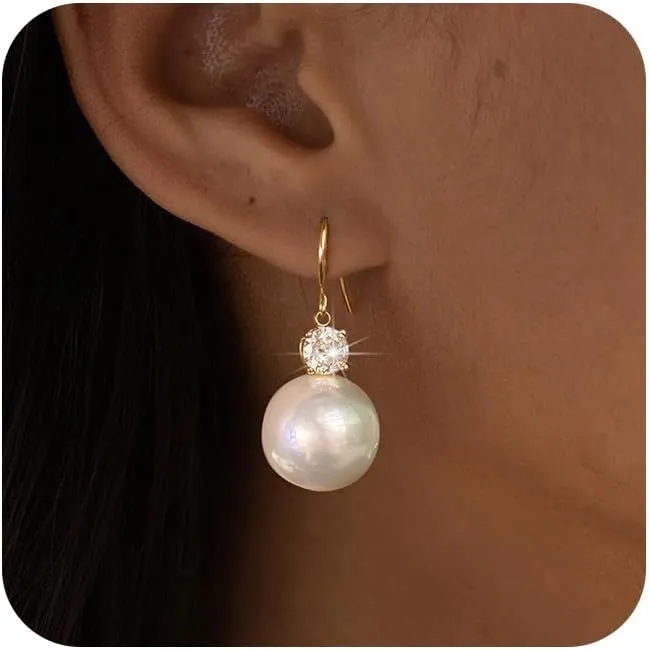 Dangle Gold Pearl Earrings for Women Trendy,14K Real Gold Plated Hoop Earrings Pearl Stud Jewelry Gifts Women