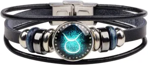 Dcfywl731 Zodiac Bracelet for Women Men Gift,12 Constellation Vintage Punk Black Leather Bracelets Zodiac Men Gifts for Christmas Gifts