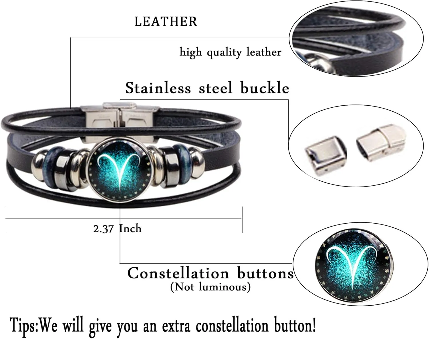 Dcfywl731 Zodiac Bracelet for Women Men Gift,12 Constellation Vintage Punk Black Leather Bracelets Zodiac Men Gifts for Christmas Gifts