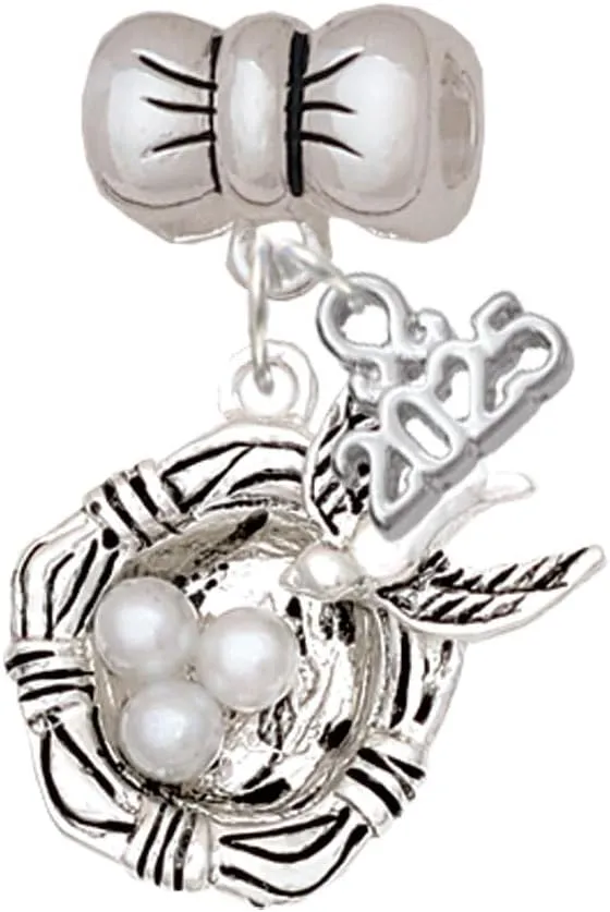 Delight Jewelry Silvertone Birds Nest with Imitation Pearl Eggs - Silver-tone Bow Charm Bead Dangle with Mini 2025