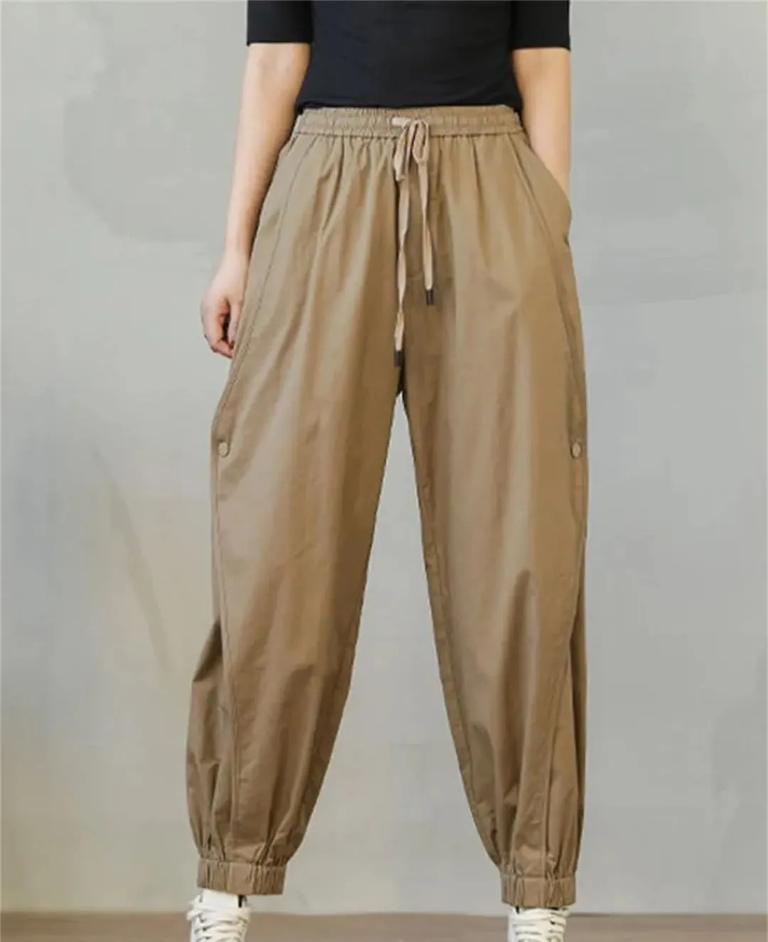Disimlarl Women Casual Harem Pants Elastic Waist Loose Pants High Waist Ankle-Length Cotton Pants