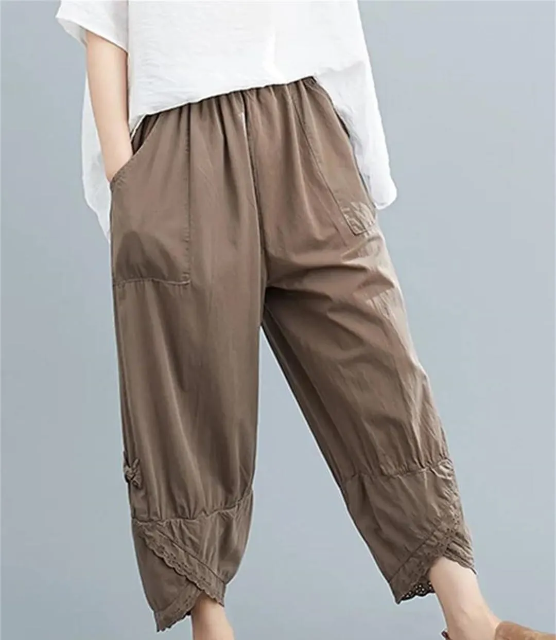 Disimlarl Women Cotton Harem Pants Solid Elastic Waist Loose Pants Ankle-Length Casual Pants