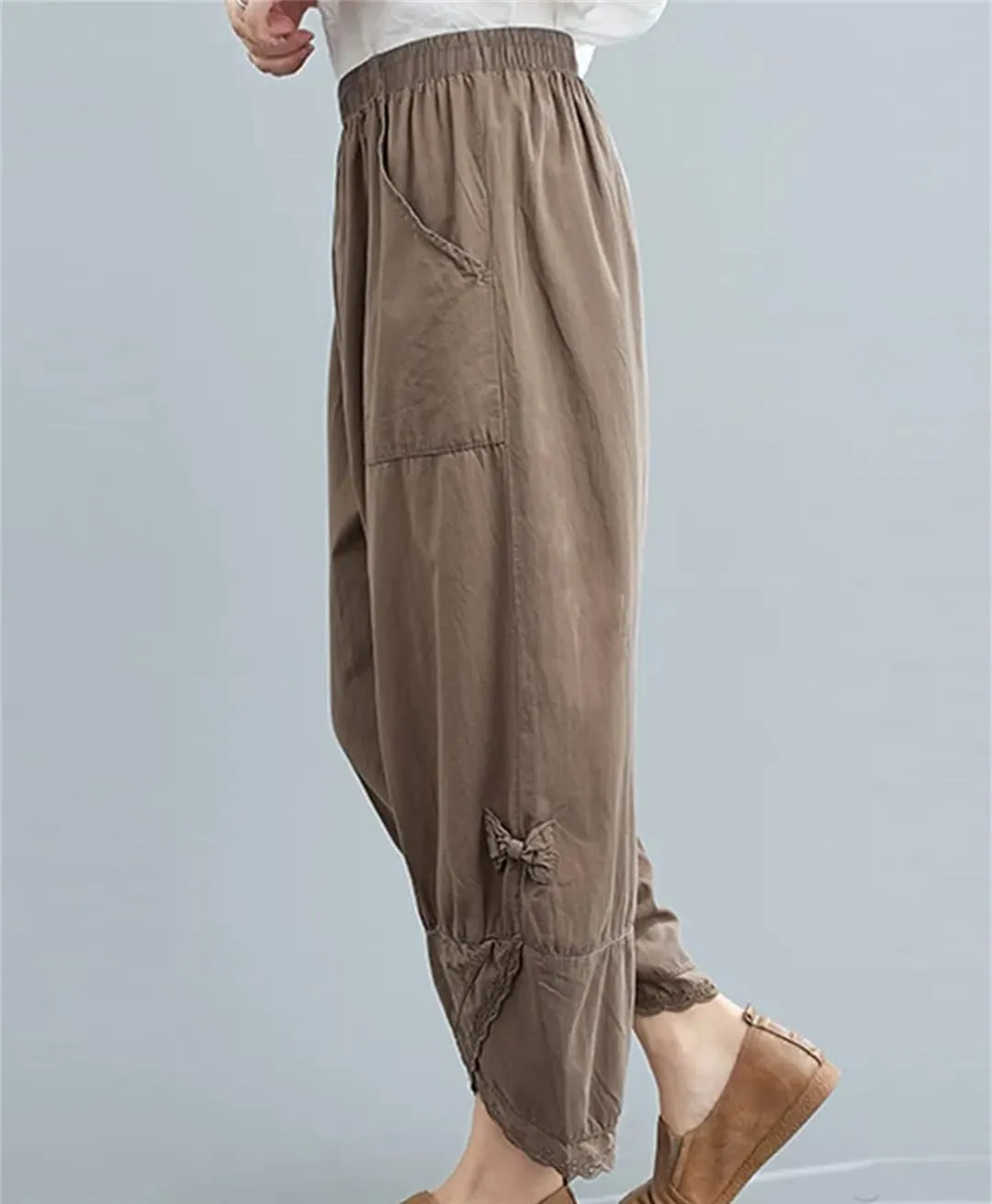 Disimlarl Women Cotton Harem Pants Solid Elastic Waist Loose Pants Ankle-Length Casual Pants