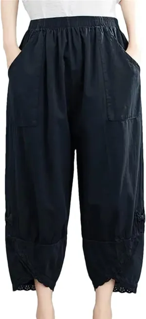 Disimlarl Women Cotton Harem Pants Solid Elastic Waist Loose Pants Ankle-Length Casual Pants