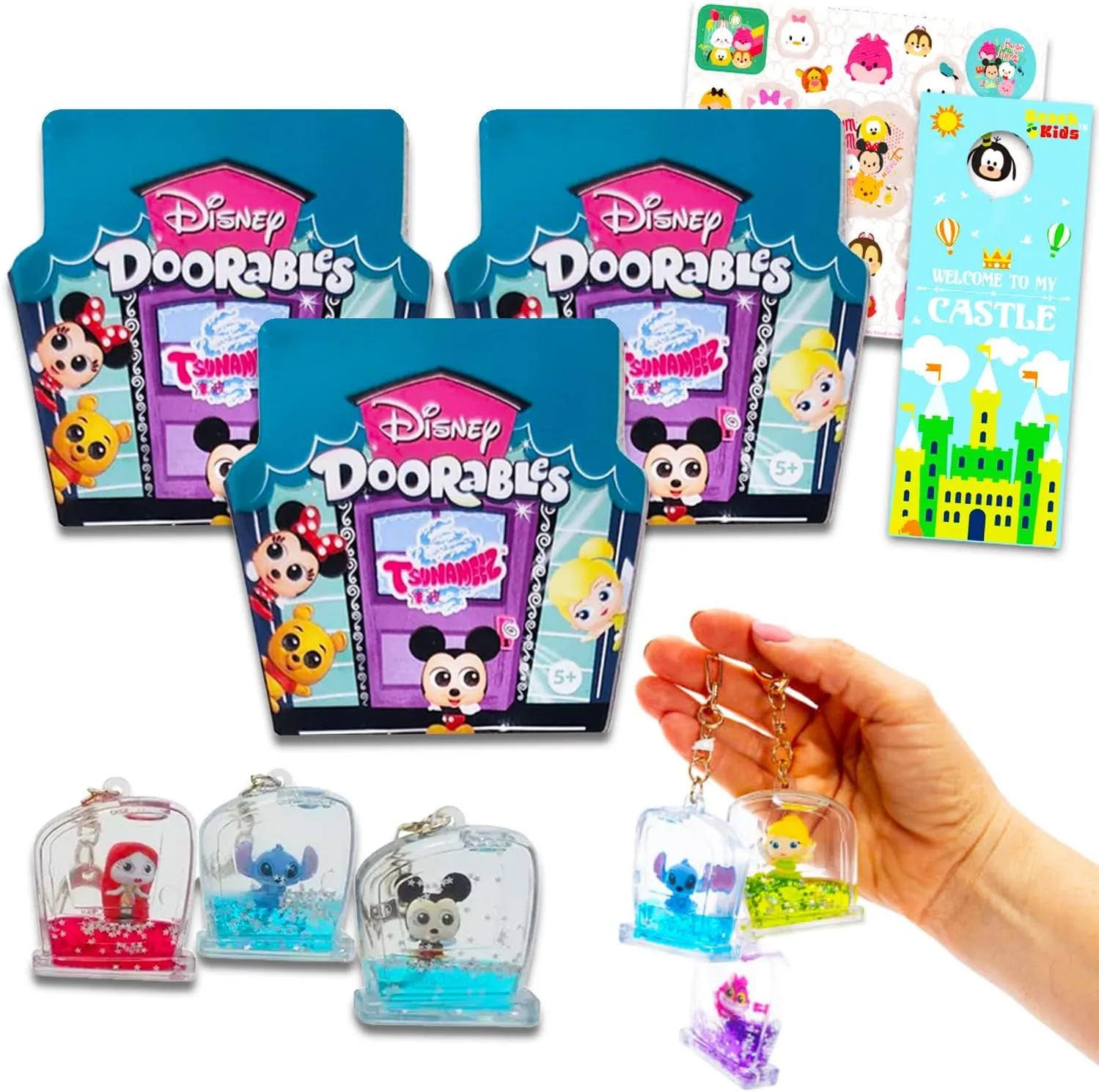 Disney Doorables Keychain Set - 3 Pack Bundle of Tsunameez Keyring Collection with Stickers | Series 1 Styles May Vary