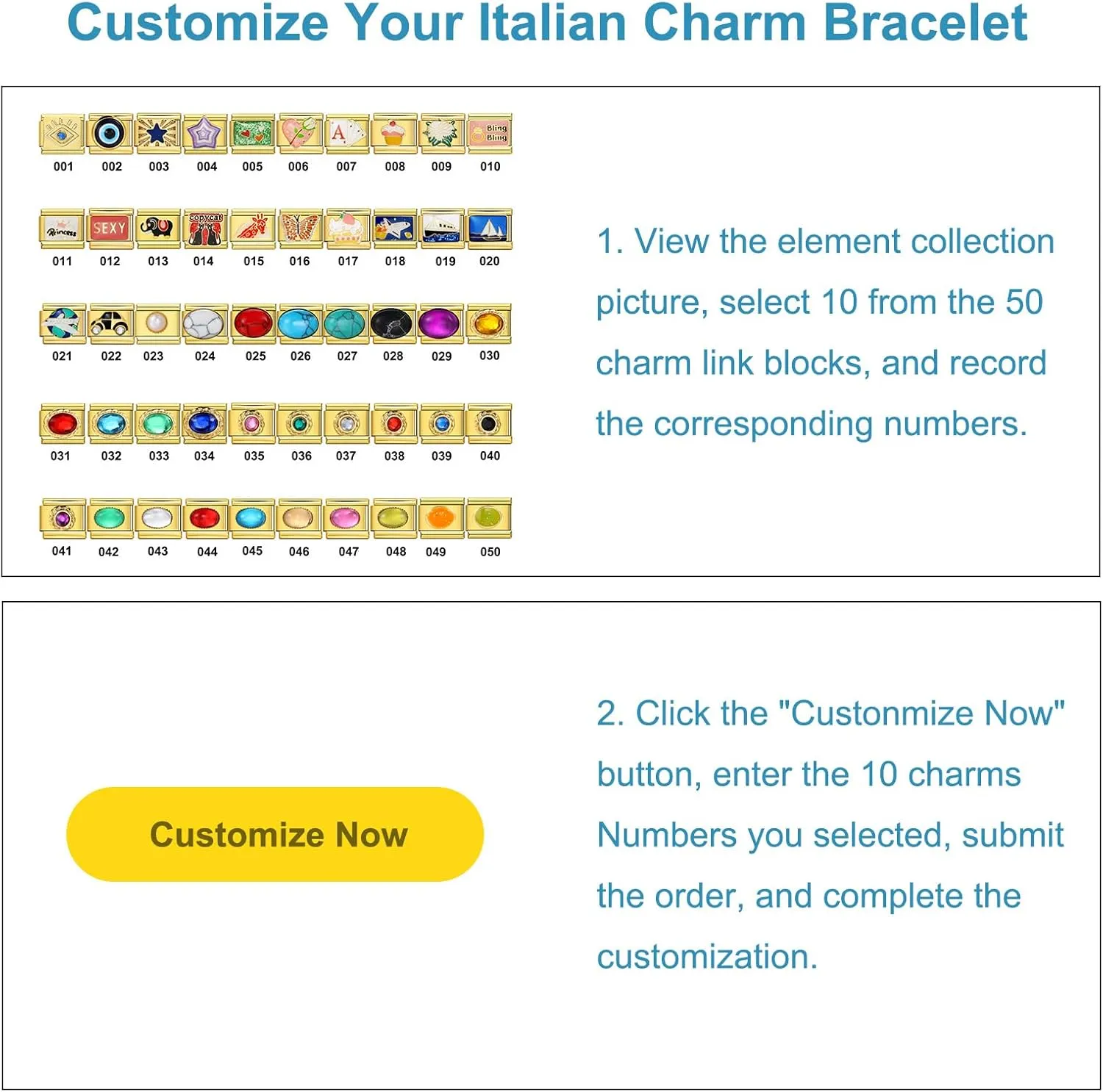Double Fair Custom Italian Charm Bracelet Links - Pick 10 of 80 Styles - 316L Stainless Steel, 9x10mm - Zodiac, Animals, Emojis, Flags, Birthstones - Waterproof, Hypoallergenic