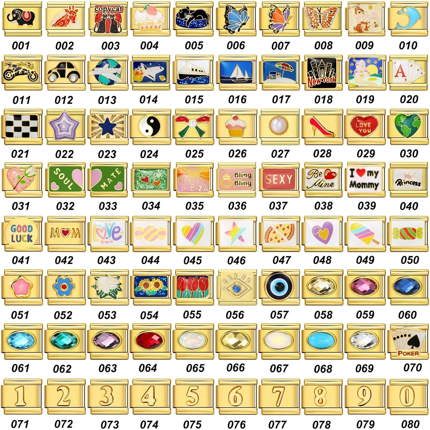 Double Fair Custom Italian Charm Bracelet Links - Pick 10 of 80 Styles - 316L Stainless Steel, 9x10mm - Zodiac, Animals, Emojis, Flags, Birthstones - Waterproof, Hypoallergenic