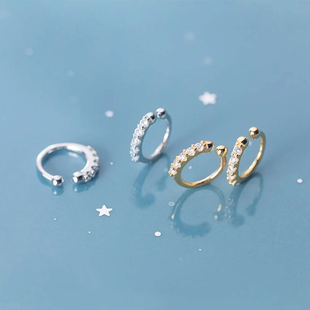 Ear Cuff Clip On Fake CZ Earrings Small Hoop Huggies Sterling Silver Cubic Zirconia No Piercing Cartilage Earring for Women Hypoallergenic Huggie Hoops 10mm Gifts BFF