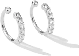Ear Cuff Clip On Fake CZ Earrings Small Hoop Huggies Sterling Silver Cubic Zirconia No Piercing Cartilage Earring for Women Hypoallergenic Huggie Hoops 10mm Gifts BFF