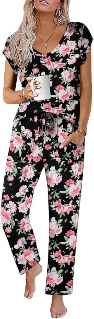 Ekouaer Womens Pajama Sets Short Sleeve Sleepwear Tops and Long Pants V Neck Pjs 2 Piece Lounge Set with Pockets S-XXL