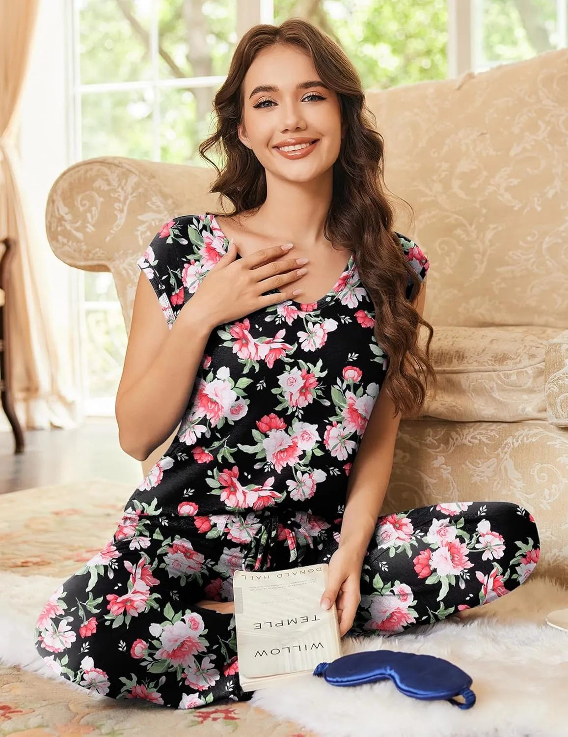 Ekouaer Womens Pajama Sets Short Sleeve Sleepwear Tops and Long Pants V Neck Pjs 2 Piece Lounge Set with Pockets S-XXL