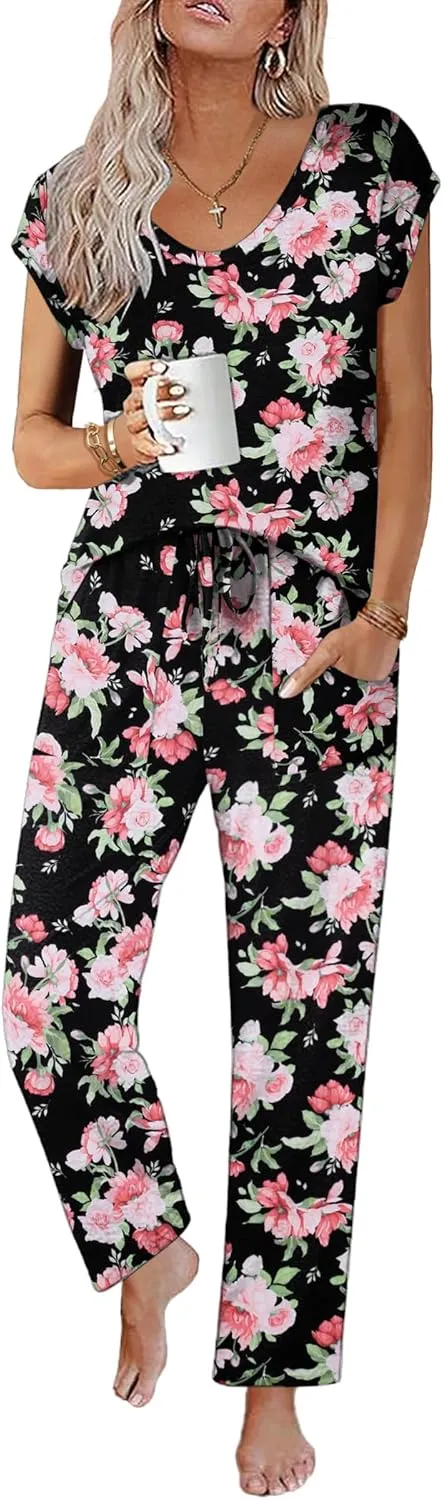 Ekouaer Womens Pajama Sets Short Sleeve Sleepwear Tops and Long Pants V Neck Pjs 2 Piece Lounge Set with Pockets S-XXL