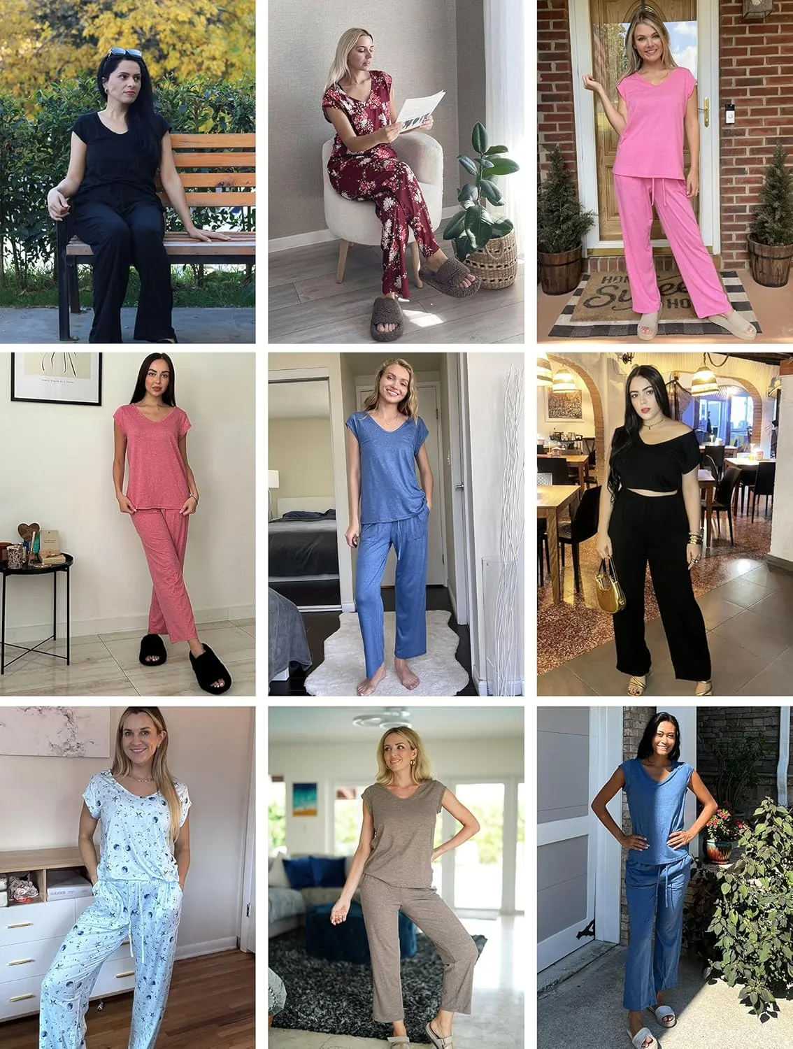 Ekouaer Womens Pajama Sets Short Sleeve Sleepwear Tops and Long Pants V Neck Pjs 2 Piece Lounge Set with Pockets S-XXL