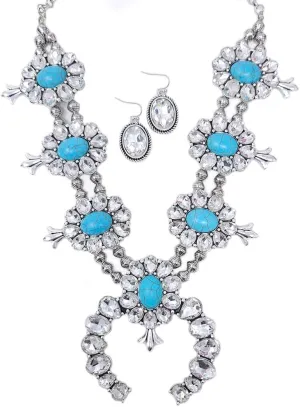 Emulily Wesetern Squash Blossom Statement Necklace and Earrings Set Western Crystal Navajo (Turquoise), EMSS2355SBTQCR