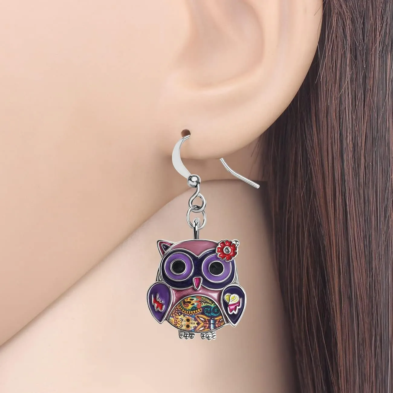 Enamel Alloy Anime Flower Owl Earrings Dangle Cute Bird Jewelry Animal Charms Owl Gifts for Women Birthday Party Decor