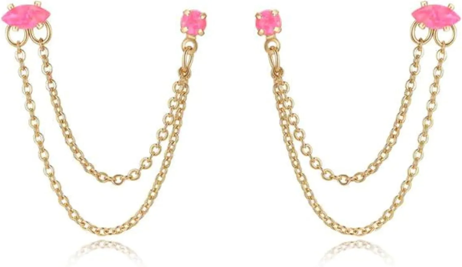 Ettika Women's Earrings. Two Hole Piercing Chain Dangle 18k Gold Plated or Rhodium Earrings with Clear Crystals. Jewelry