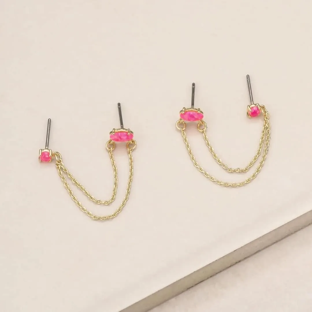 Ettika Women's Earrings. Two Hole Piercing Chain Dangle 18k Gold Plated or Rhodium Earrings with Clear Crystals. Jewelry