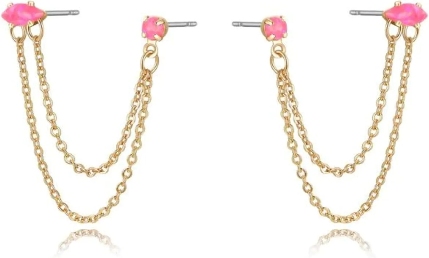 Ettika Women's Earrings. Two Hole Piercing Chain Dangle 18k Gold Plated or Rhodium Earrings with Clear Crystals. Jewelry