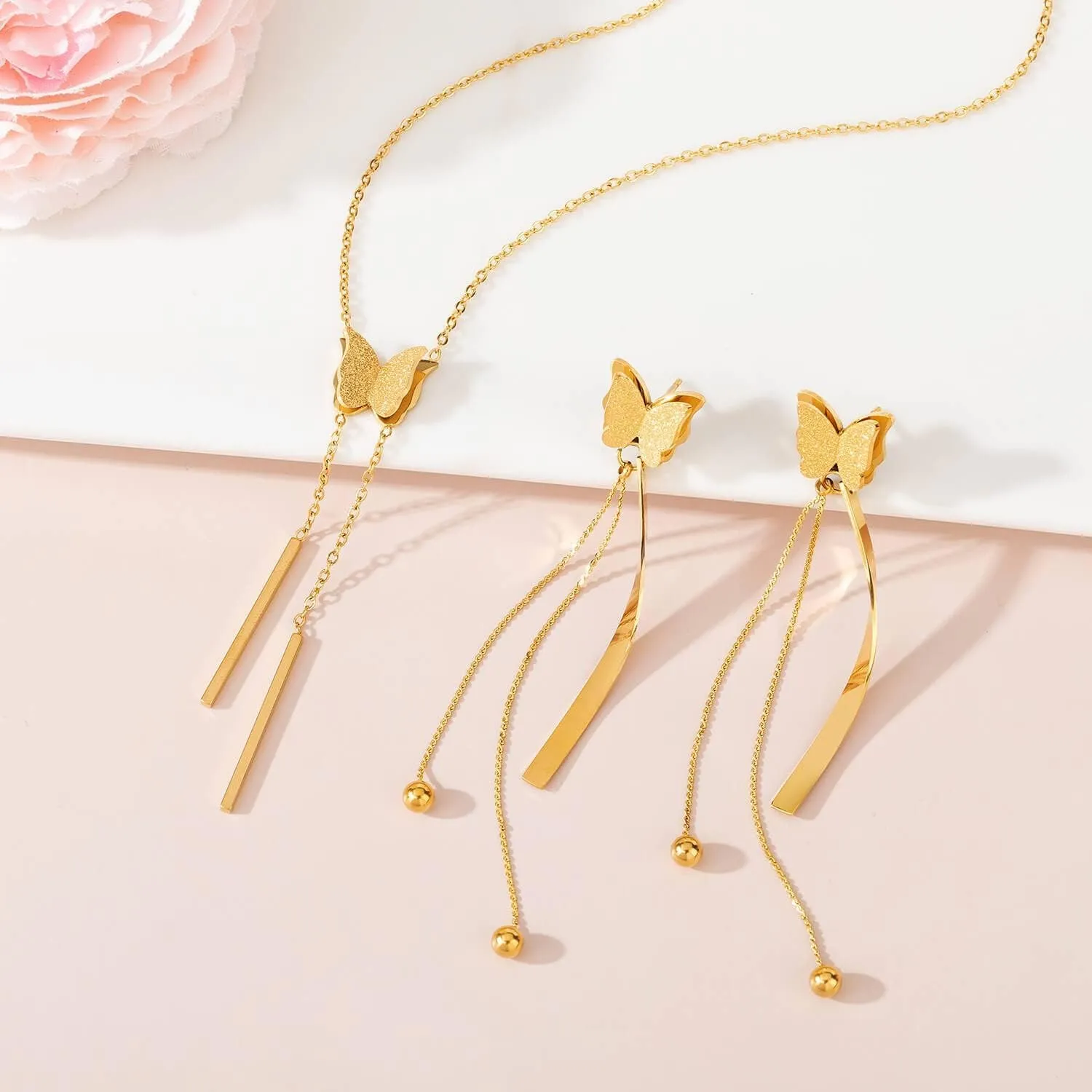 EVEVIC Stainless Steel Butterfly Necklace Earrings Set for Women 14K Gold Plated Hypoallergenic Jewelry Sets