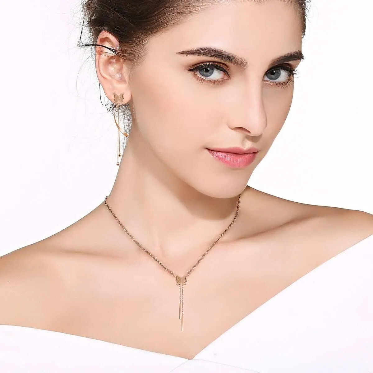 EVEVIC Stainless Steel Butterfly Necklace Earrings Set for Women 14K Gold Plated Hypoallergenic Jewelry Sets