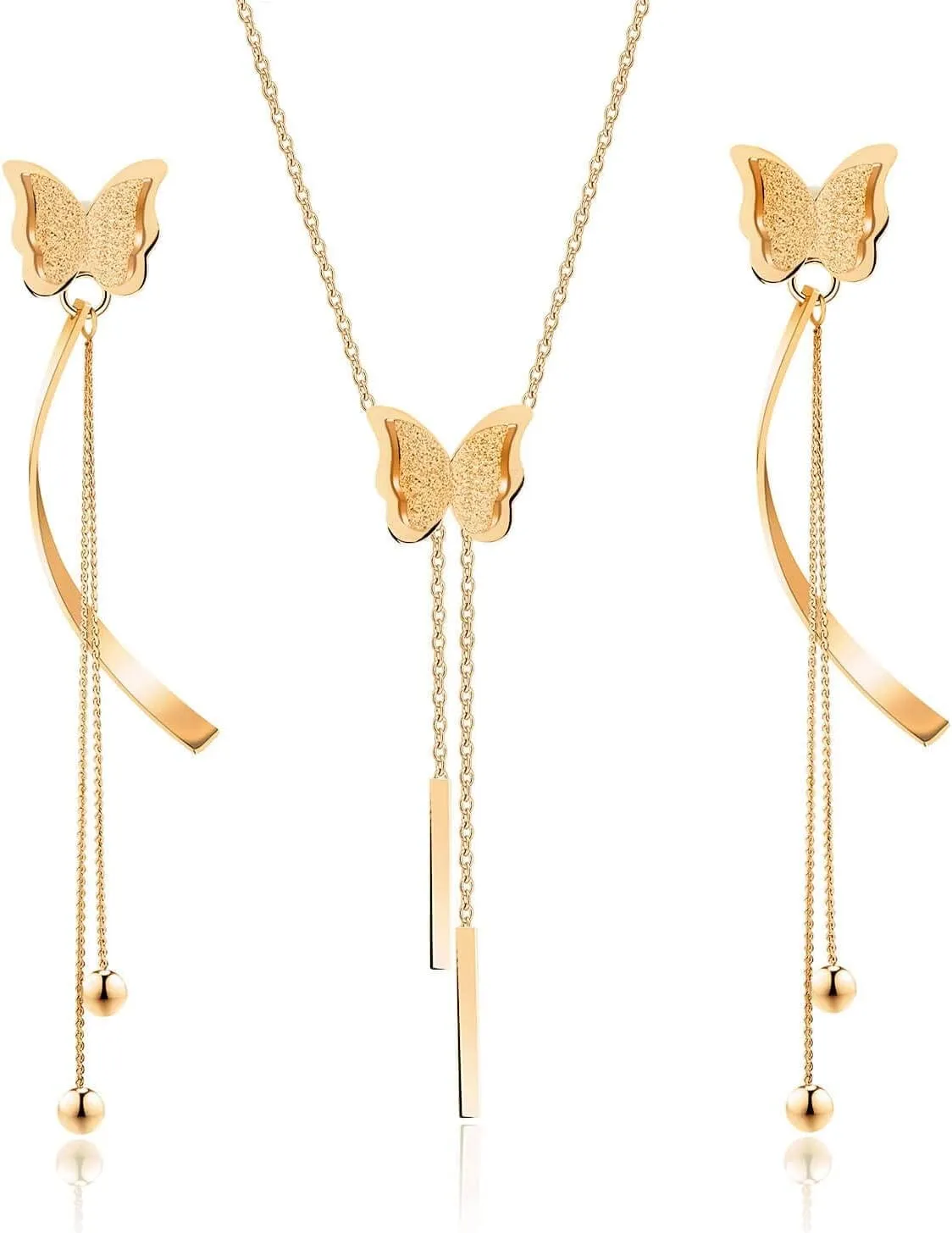 EVEVIC Stainless Steel Butterfly Necklace Earrings Set for Women 14K Gold Plated Hypoallergenic Jewelry Sets