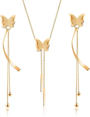 EVEVIC Stainless Steel Butterfly Necklace Earrings Set for Women 14K Gold Plated Hypoallergenic Jewelry Sets
