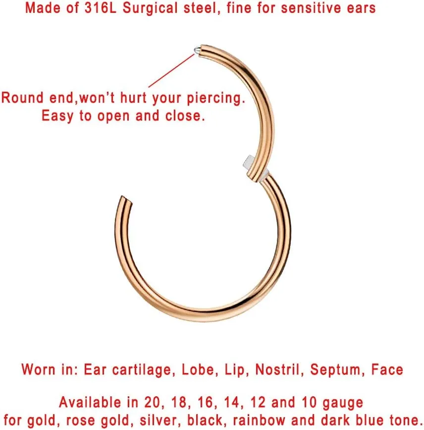 FANSING Men Women 316L Surgical Steel Hinged Nose Rings Hoop for Nostril Septum Cartilage Helix Daith Tragus Rook Conch Lip Ear Lobe Piercings