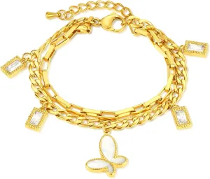 Fashion 18K Gold Plated Stainless Steel Cubic Zirconia Butterfly Charm Bracelet Stack Rectangular Link Chain Bracelet