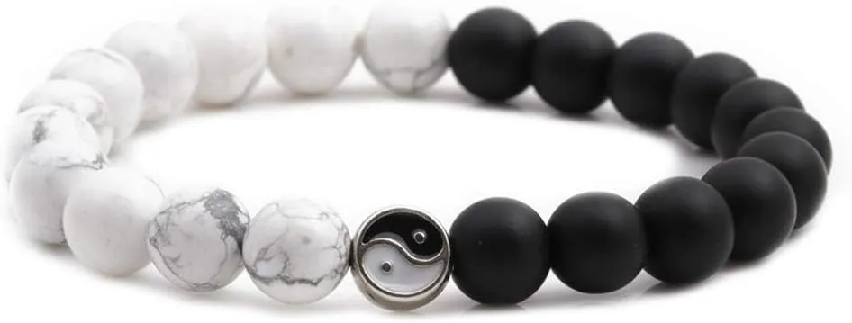 Fashion Men Women Taiji Yin Yang Feng Shui Charm Bracelet Natural White Turquoise and Black Beaded Couple Bracelets Friendship Distance Bracelet Jewelry