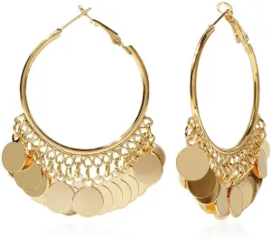 Fashion Round Disc Dangle Big Hoop Earrings Tassel Drop Large Huggie Hoops Statement Earring Boho 14K Golden Plated Jewelry Gifts for Women