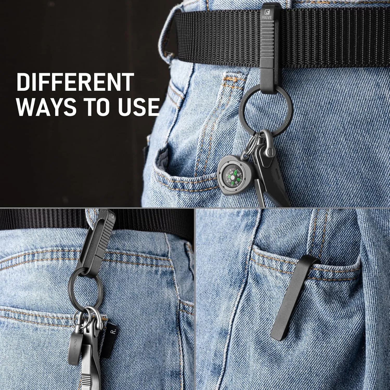 FEGVE Belt Key Holder, Titanium Key Belt Clip with Keyring for Keys, Keychain Hook for Men Dad (Black - RK1)